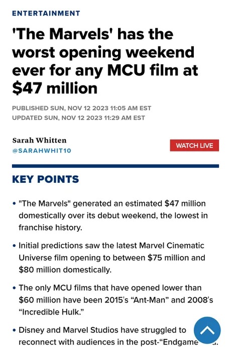 The Marvels has the worst opening weekend ever for any MCU film - meme