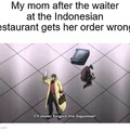 Waiter at Indonesian restaurant with mom