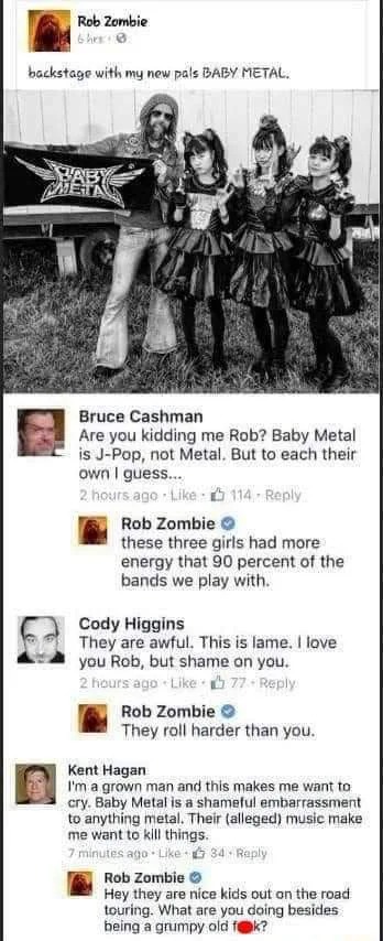 Rob Zombie defending Baby Metal - meme