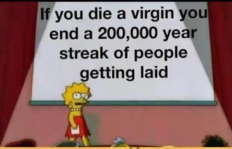 If you die a virgin you end a 200,000‑year streak of humans getting laid - meme