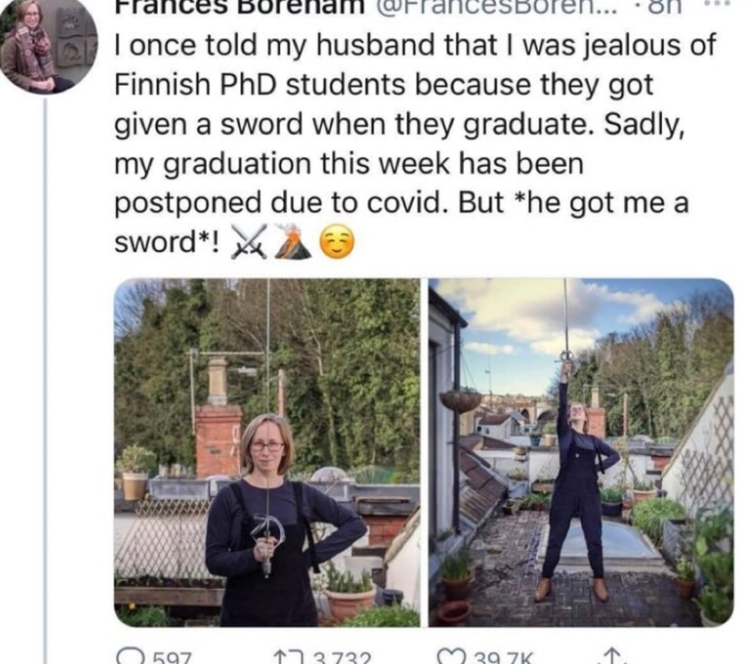 she got a sword for graduating and now she's unstoppable - meme