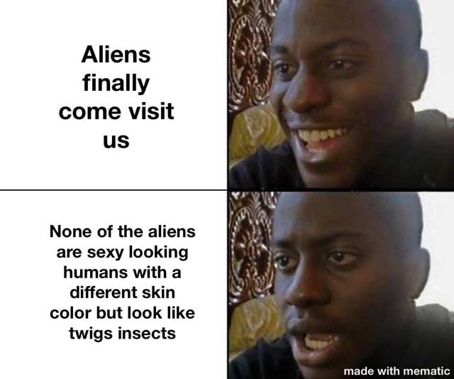 Aliens pull up and they're just crunchy stick bugs - meme