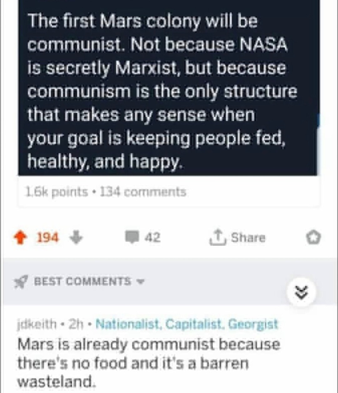 Mars is already communist, there's just no food to fight over - meme
