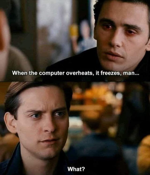 Computer overheats so it freezes - meme