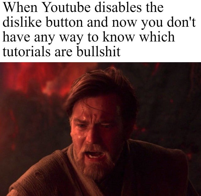 When Youtube disasbles the disklike button anow you don't know which tutorials are bullshit - meme