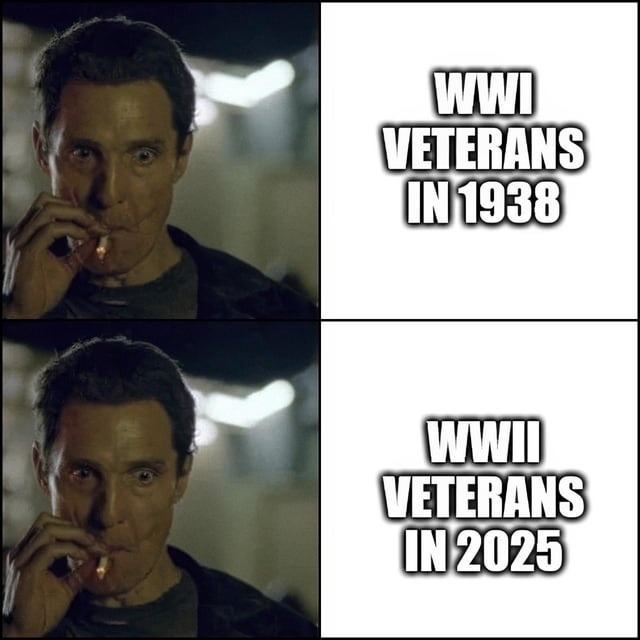 WWI vets in 1938 vs. WWII vets in 2025 be like: - meme