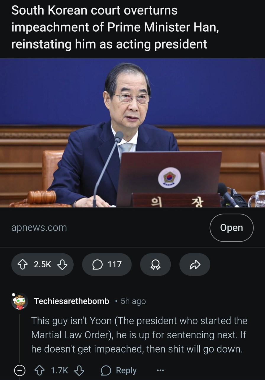 South Korea's PM Han reinstated. Chaos mode deactivated (for now) - meme