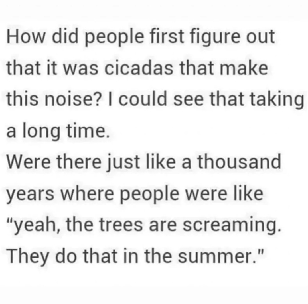 ﻿How did people first figure out that it was cicadas that make this noise? | could see that taking a long time: Were there just like a thousand years where people were like “yeah, the trees are scream II They do that in the summer. ing: