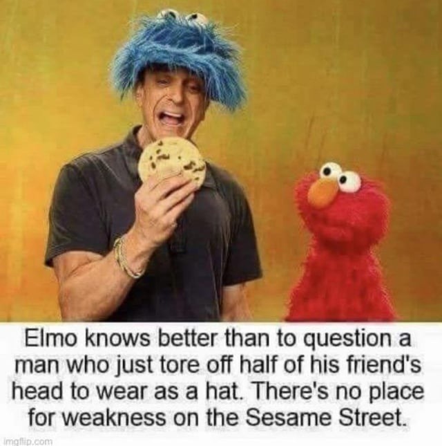 Elmo ain’t questioning the dude wearing a puppet head like a trophy - meme