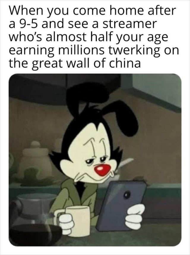 Coming home from 9–5, streamer half my age makes millions twerking on the Great Wall - meme