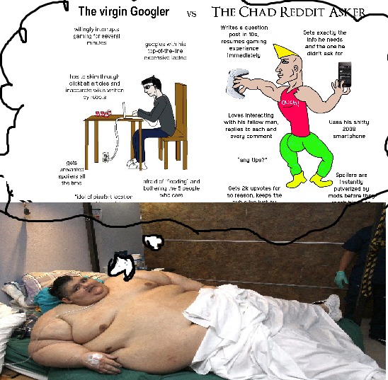 traduccion: el virgin googleador vs el chad redditor - meme