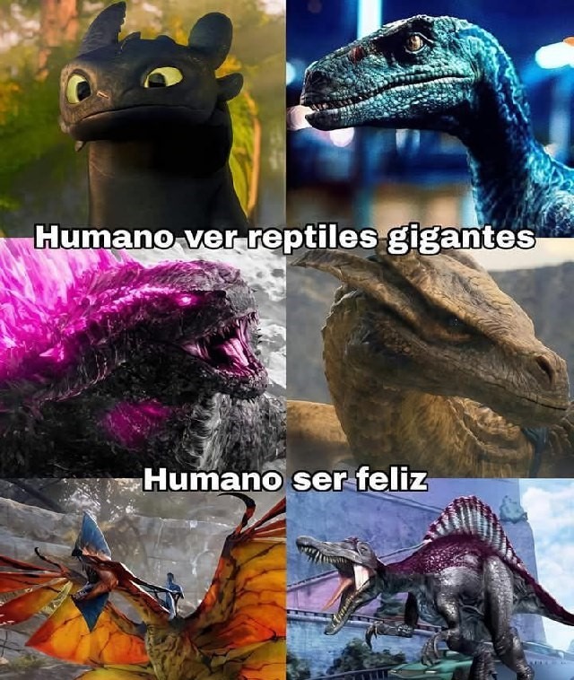 Humanos viendo reptiles gigantes: felicidad garantizada - meme