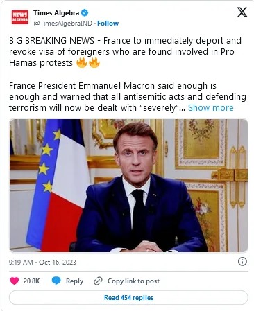 France will deport and revoke visa of foreigners who are found involved in Pro Hamas protests - meme