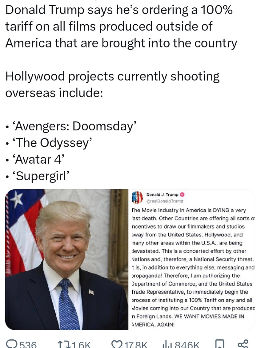 Trump wants 100% tariffs on foreign movies, Avengers 5 shaking rn - meme