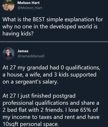 Best simple explanation for why no one is having kids - meme