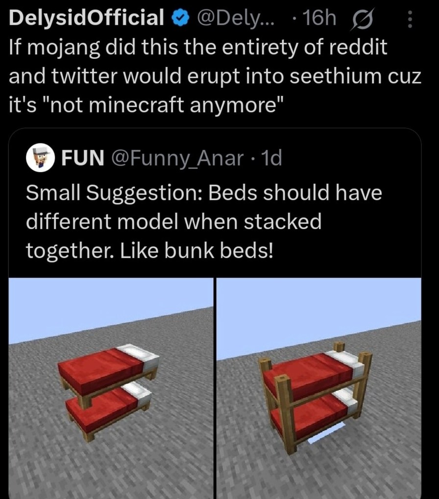 If Mojang added bunk beds, Reddit would combust instantly - meme