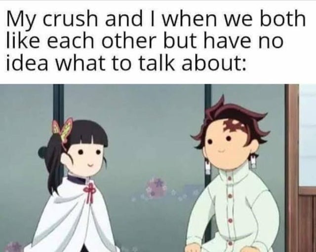 My crush and I when we both like each other but have no idea what to talk about - meme
