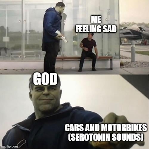 Feeling sad? Blast some cars and motorbike noises - meme