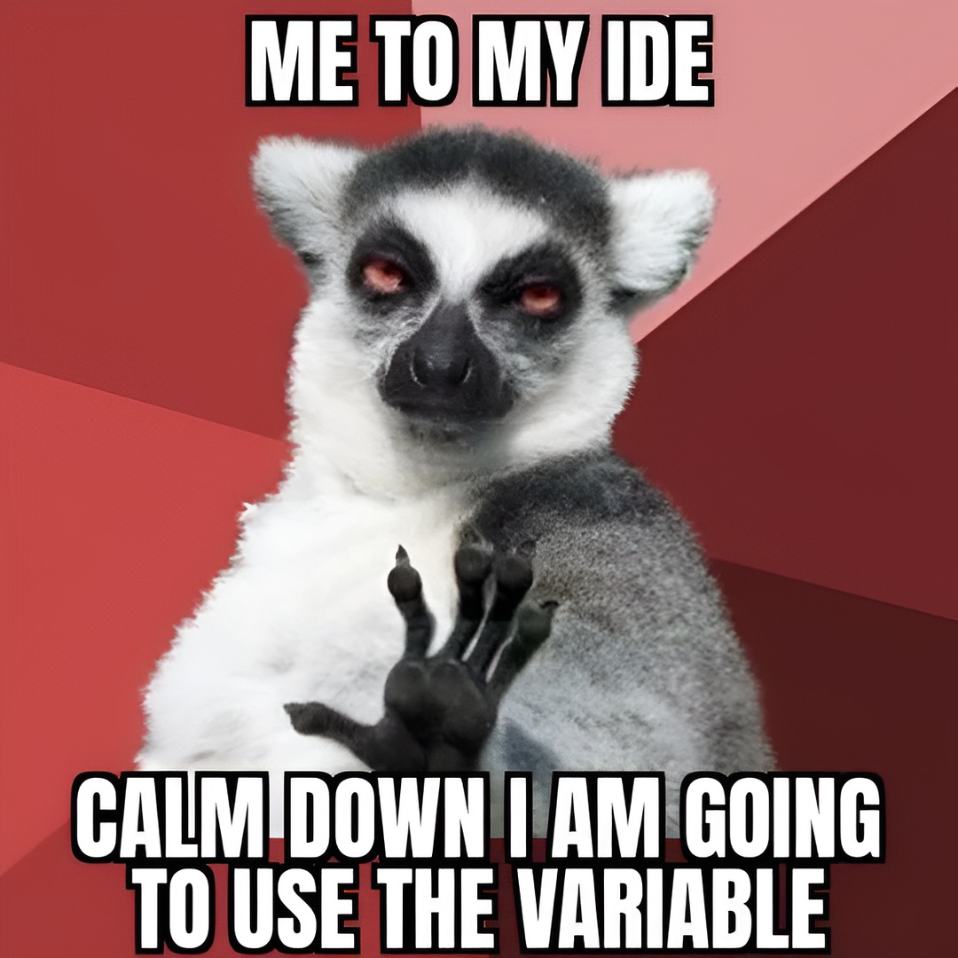 Integrated Development Environment (IDE) indicating that a variable is not being used - meme