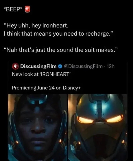 Ironheart suit beeping like low battery but it’s just her vibe - meme