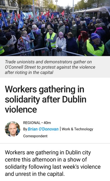 Workers gathering in solidarity after Dublin violence - meme