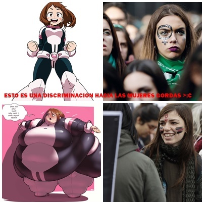 contexto : hace una semana las feministas peleaban para que uraraka fuera gorda y representase a las mujeres gordas - meme