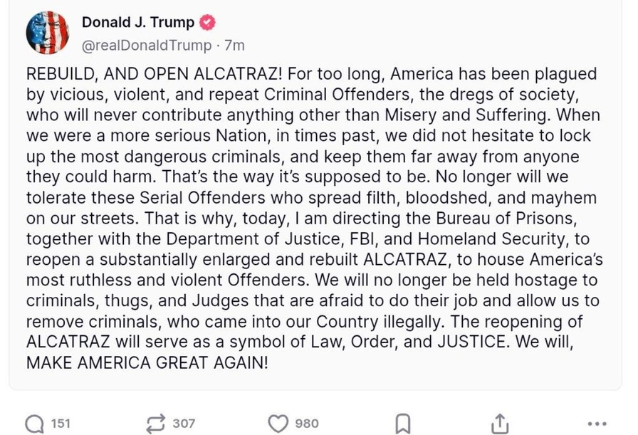 Trump wants to reopen Alcatraz like it's a DLC prison patch - meme