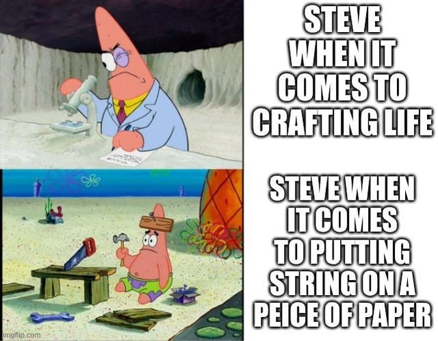 Steve crafts an empire but can't tie paper with string - meme