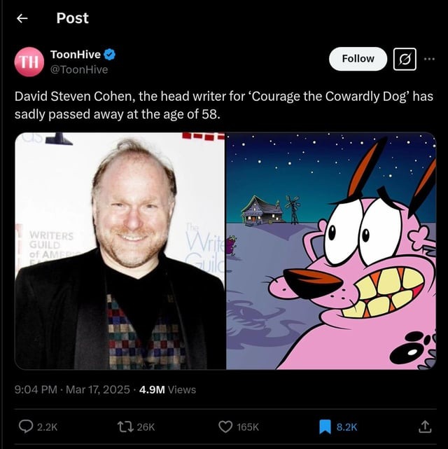 David Steven Cohen, the head writer for 'Courage the Cowardly Dog has sadly passed away at the age of 58 - meme