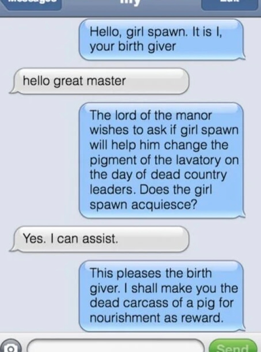 Girl spawn must change the royal toilet hue and earn the sacred pig flesh - meme