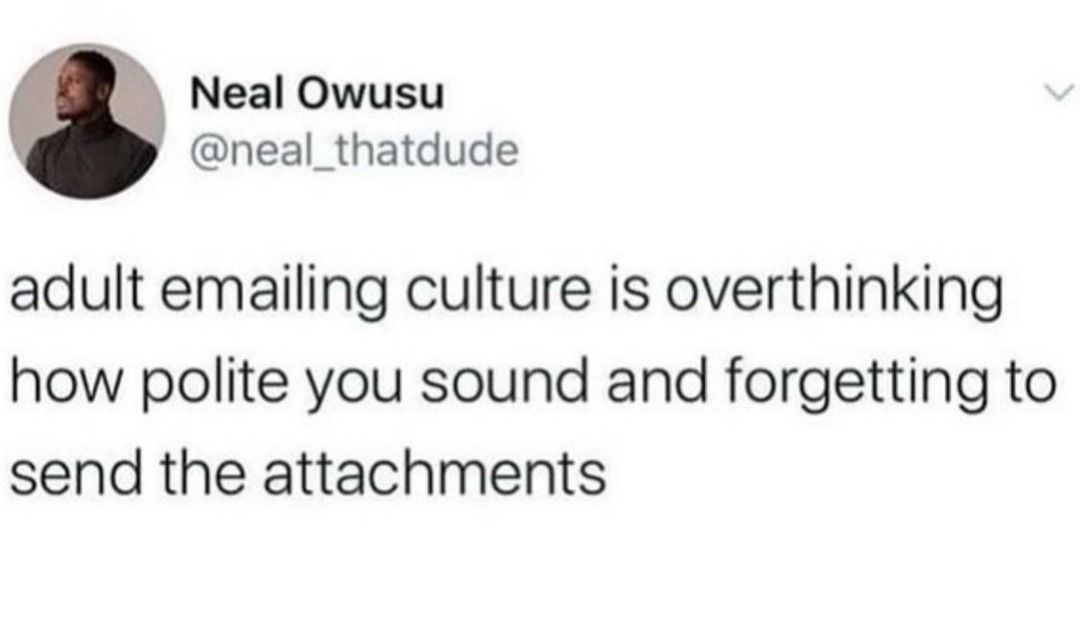 Adult emailing: overly polite and no attachments - meme