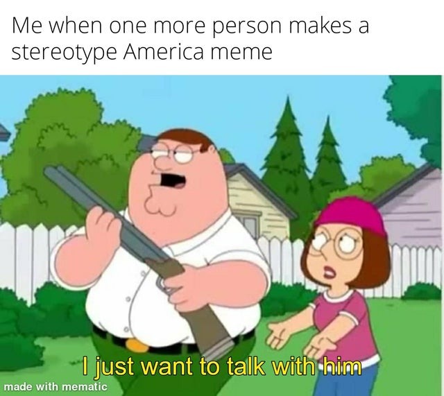 Me when one more person makes a sterotype America meme