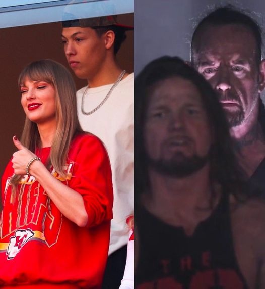 Taylor swift with Jackson Mahomes standing behind - meme