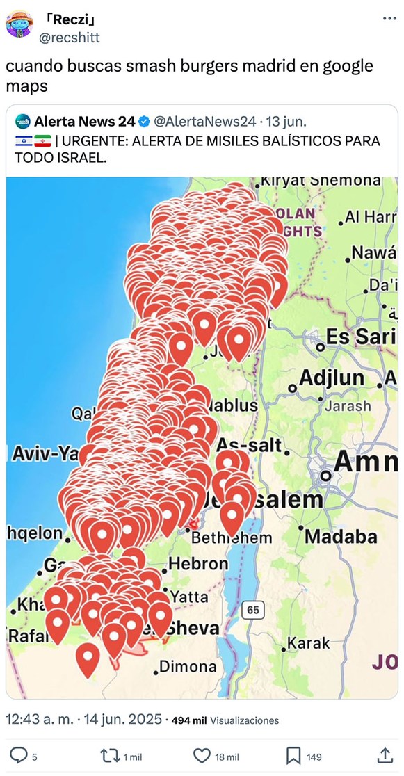 buscando smash burgers en madrid y caen misiles en israel - meme