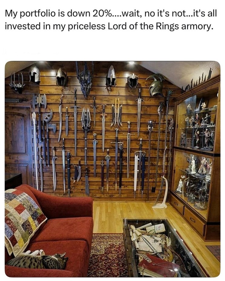 Stocks are down, but I’ve got a sword from Gondor so who's really broke? - meme