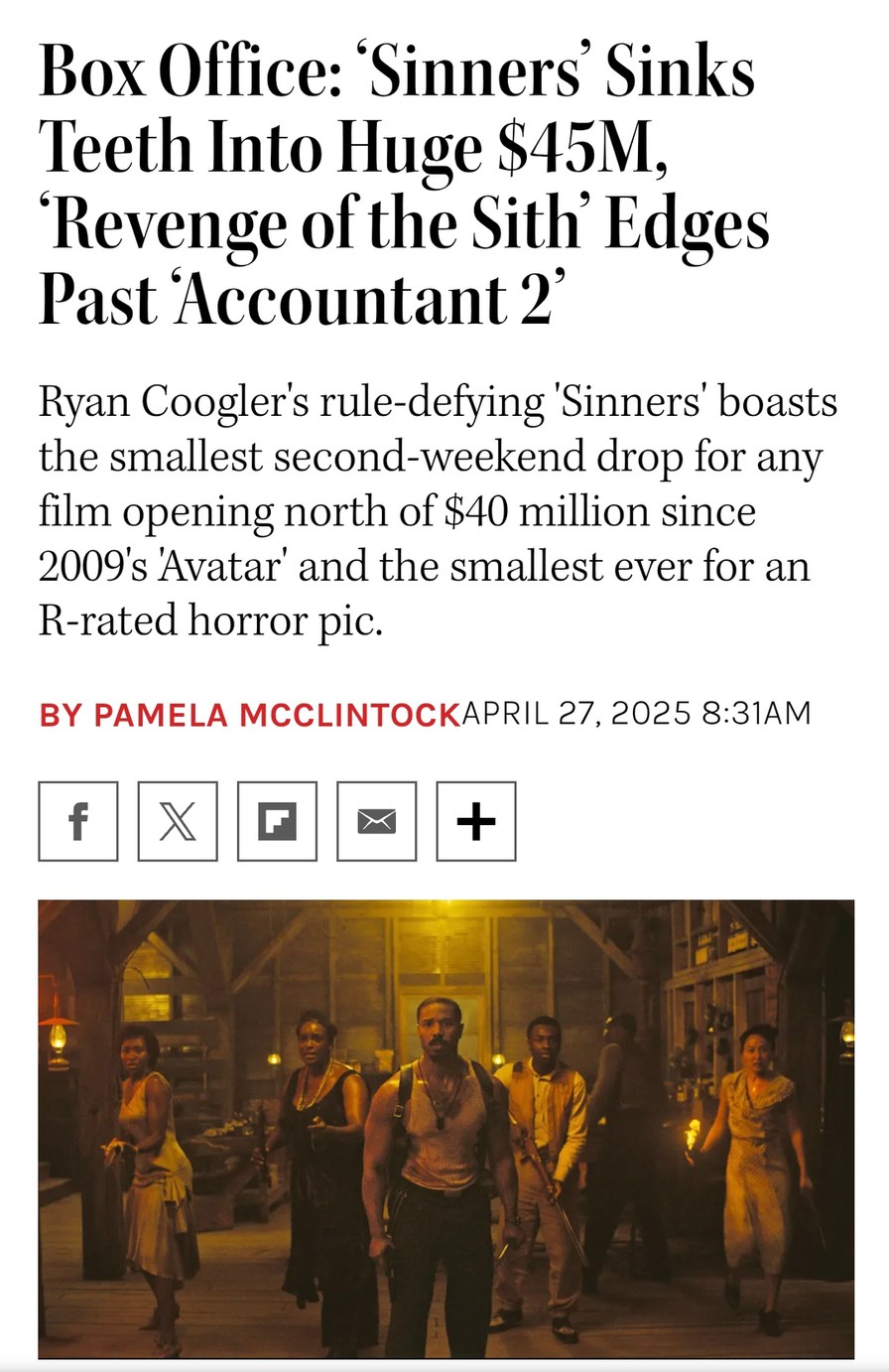 Sinners movie holding strong while Sith sneaks up - meme