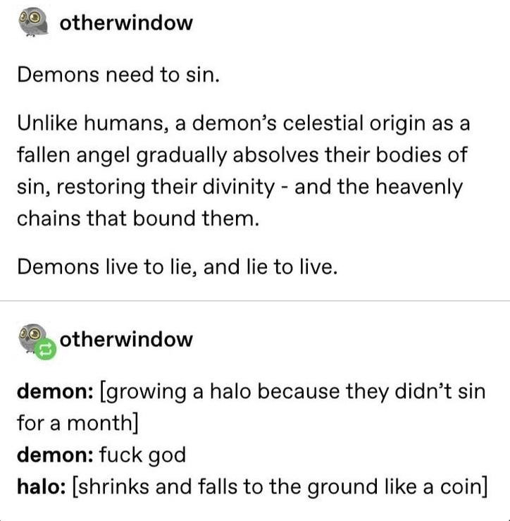 Demon goes a month without sinning, grows halo, immediately sins again - meme