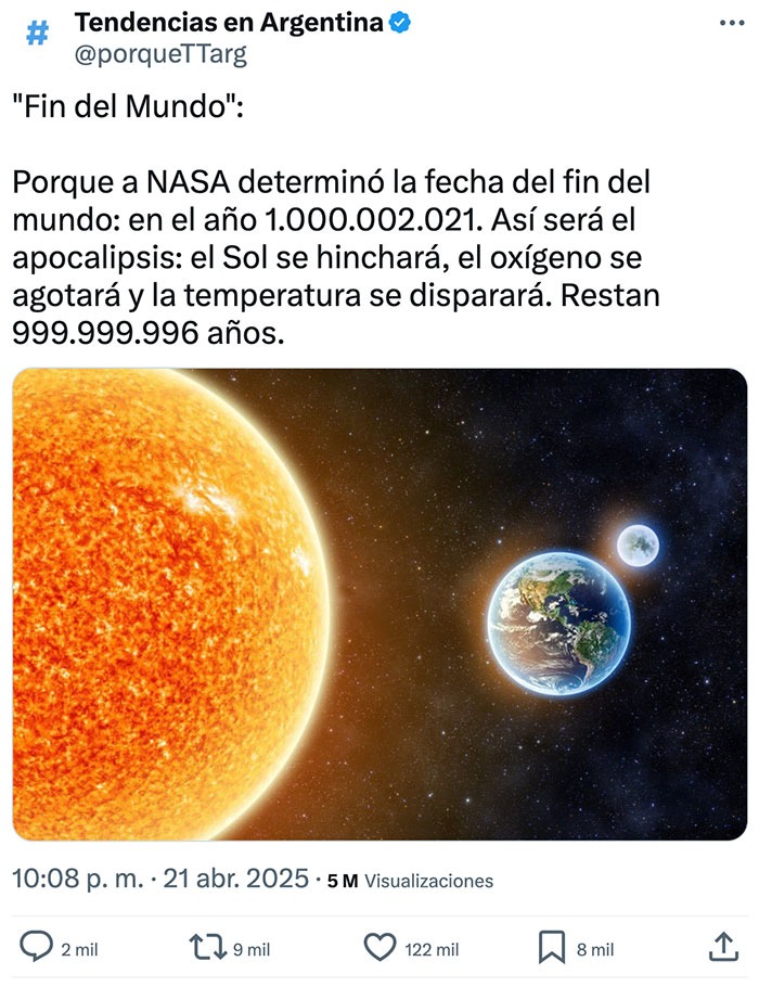 NASA predice el fin del mundo en el año 1.000.002.021… calma, hay tiempo - meme