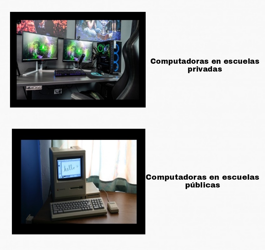Computadoras en escuelas privadas vs Computadoras en escuelas públicas - meme