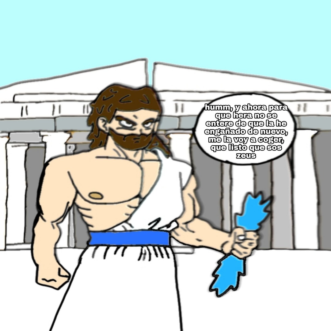 Para todo el que se lo pregunte,la razón por la que he hecho a zeus moreno es porque las representaciones que he encontrado de jupiter (basicamente zeus pero en romano) eran morenas - meme