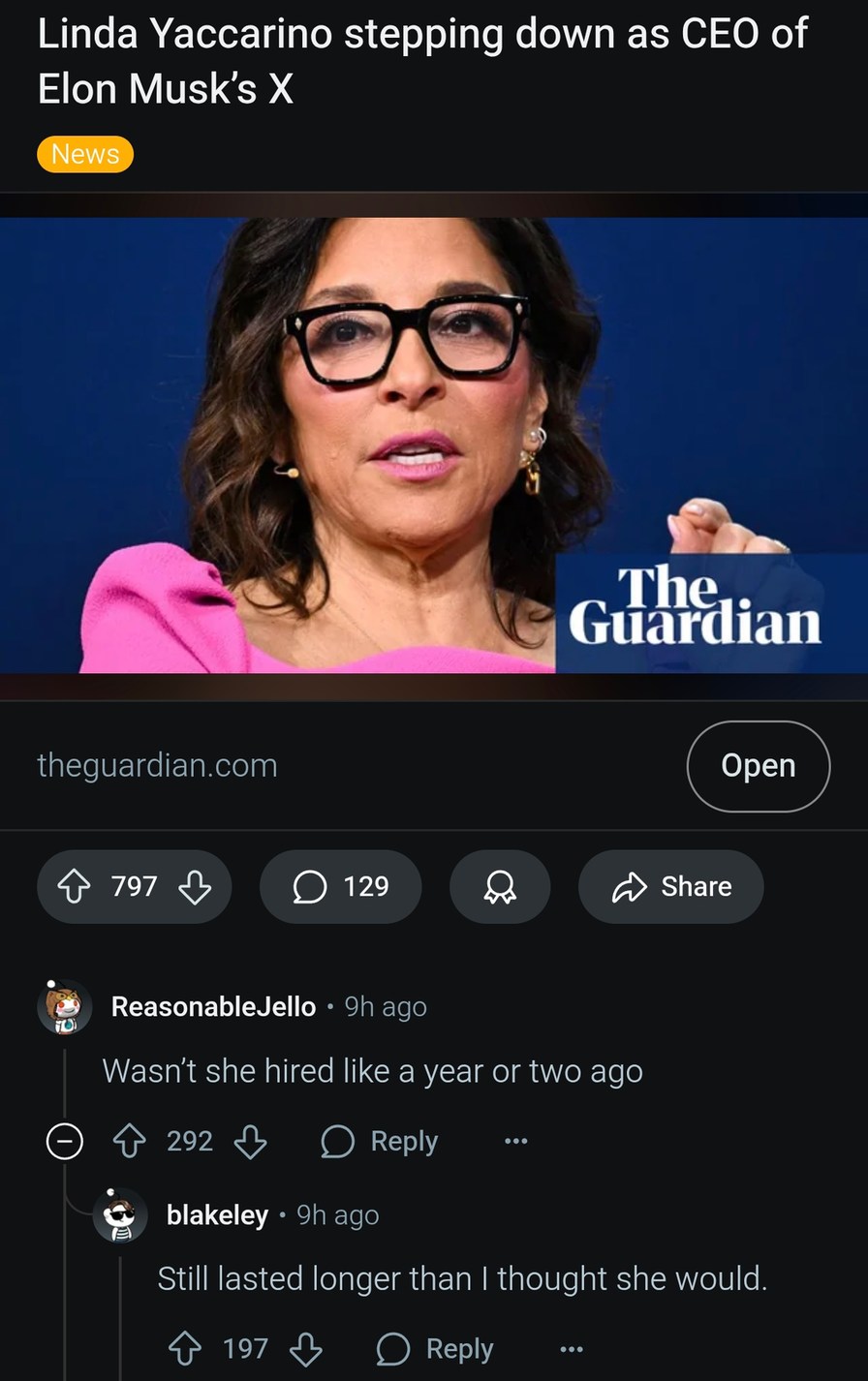 Linda Yaccarino out as X CEO and no one's shocked - meme