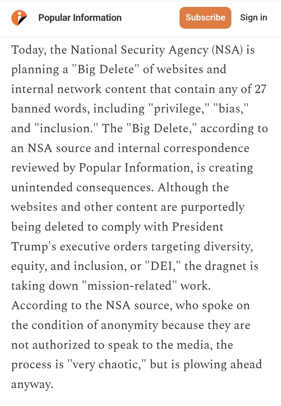 Privilege: Important concet in IT security; Inclusion: part in the name of many security holes; bias: something about generating random numbers and cryptography. All gone now lol https://popular.info/p/the-nsas-big-delete - meme