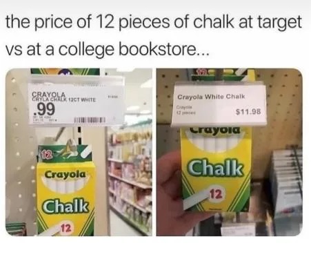 the price of 12 pieces of chalk at target vs at a college bookstore - meme
