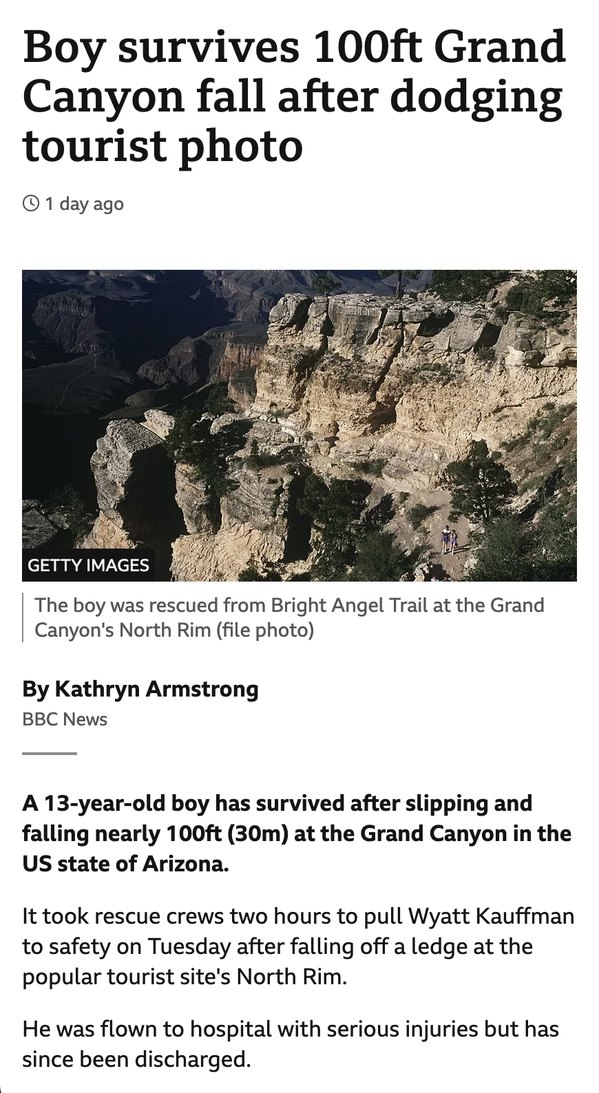 A 13-year-old boy survived a 100-foot fall at the Grand Canyon after he slipped while moving out of the way of a tourist taking a photo. - meme