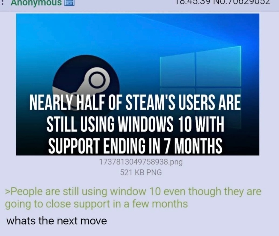 Half of Steam still on Windows 10 like support isn’t ending - meme