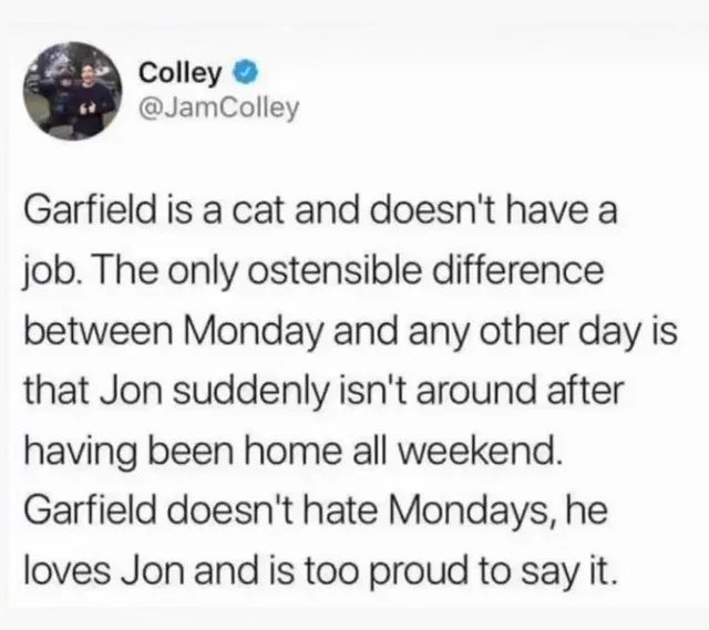 He'll also never admit that Odie SOMEtimes makes him feel happy. - meme