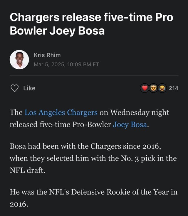 Chargers release five-time Pro Bowler Joey Bosa - meme