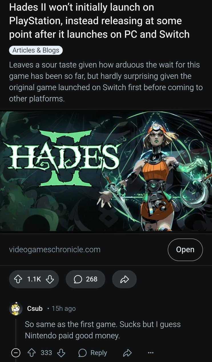 Hades II skipping PlayStation at launch. PC and Switch eat first - meme