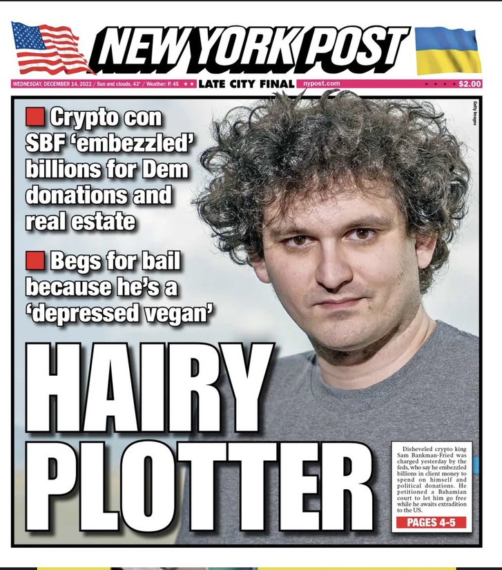 Real New York Post cover having fun about SBF imprisonment - meme