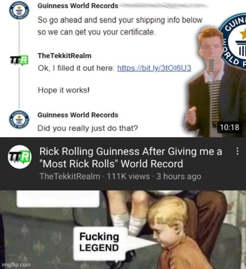 This guy Rick Rolled Guinness World records after receiving the